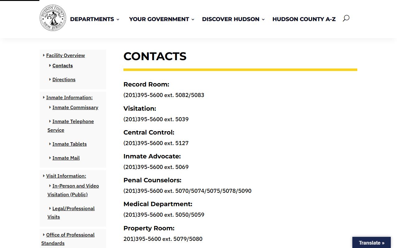 Hudson County corrections contact extensions page