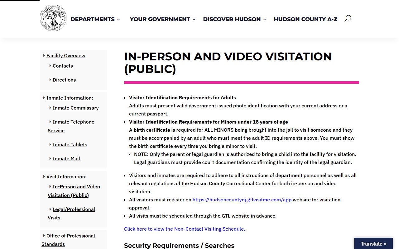 Hudson County in-person visitation rules page