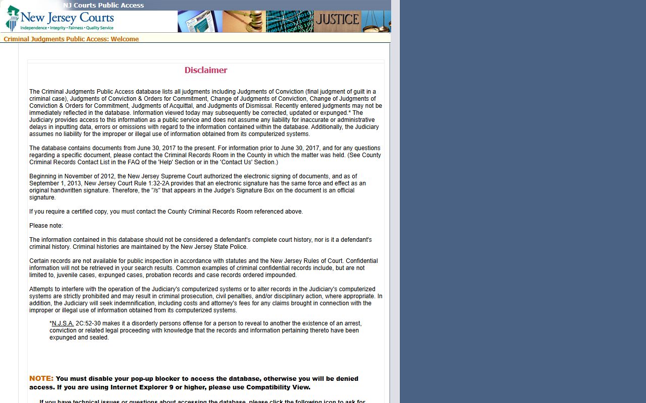 Hudson County court records Criminal Judgments Public Access search page